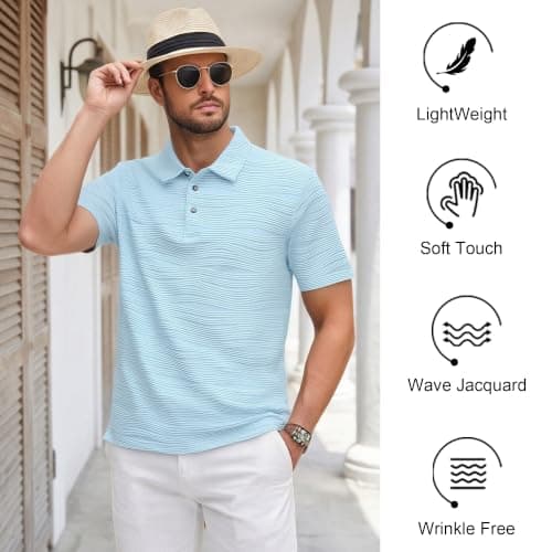 Damipow Mens Knit Polo Shirts Short Sleeve Golf Dress Collar Shirt,Light Blue,L thumbnail 4