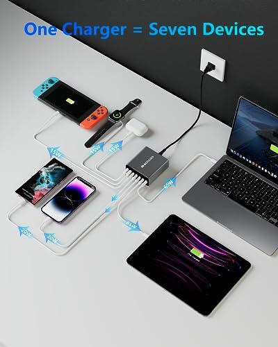 Cargador Rápido USB C GaN de Aleación de Aluminio 260W, 7 Puertos 65W para Laptops (Gris)