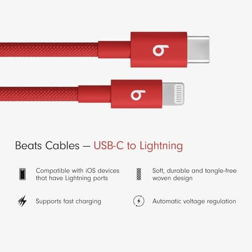 Cable USB-C a Lightning Beats Trenzado de Carga Rápida y Duradero (1.5 m) - Rojo Rápido