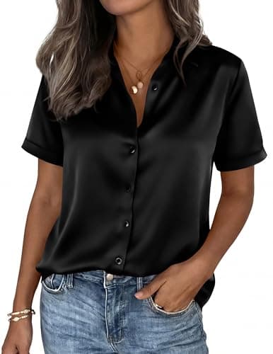 PRETTYGARDEN Womens 2026 Summer Button Down Shirts Short Sleeve Work Tops Dressy Satin Blouses Spring Business Casual Outfits (Black,Small) thumbnail 6