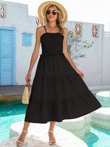 Younrui Black Summer Dresses for Women 2026 Spaghetti Strap Sleeveless Long Maxi Sundress Ruffle Frill Smocked Dress(M-1075-Black) thumbnail 2