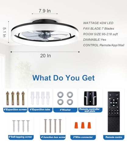 FancyMay Ceiling Fans with Lights and Remote, 20" Modern Low Profile Ceiling Fan, 6-Speed Quiet Reversible Motor, Flush Mount LED Fan Light,Fandelier Ceiling Fans for Bedroom (Blac thumbnail 7