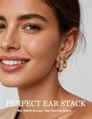 Gold Hoop Earrings Set for Women, 18 Pairs Chunky Statement & Huggie Hoops thumbnail 3