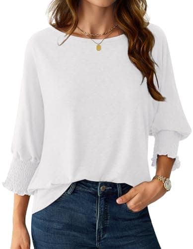NORACORA Women's 3/4 Sleeve Tops Loose Fit Shirts Dressy Casual Crew Neck T Shirts for Women Basic Tees Shirt with Smocked Cuffs 2025 Fall Fashion Blouse White XS