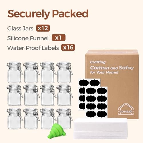 ComSaf: 12 Frascos de Vidrio Cuadrados para Especias (4 oz) con Tapa Hermética y Cierre de Alambre, Embudo y Etiquetas