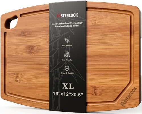 Tabla de Cortar Grande Astercook de Bambú Carbonizado de 16x12 pulgadas con Canaleta para Jugos y Agarradera