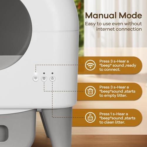 Fumoi Automatic Cat Litter Box Self Cleaning Litter Box Large Capacity for Multiple Cats, App Control with Safety Sensors, Removable Washable Liner,2 Rolls Garbage Bags,Grey