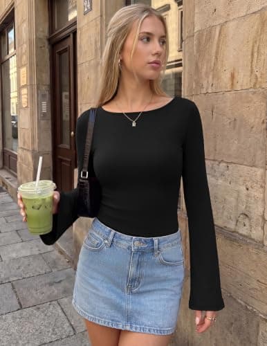 EKOUAER Womens Bell Sleeve Tops Boat Neck Thermal Shirts Fall Undershirt | Long Sleeve Shirts for Women, Soft Stretchy, Cute Slim Fit, Going Out Tops, Business Casual Outfits, Fall Winter Clothes