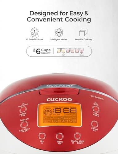 CUCKOO Micom Rice Cooker 6 Cup Uncooked / 12 Cup Cooked, Fuzzy Logic Rice Maker with Delay Timer & Keep Warm Setting, Versatile Food Steamer for Cooking, Non-Stick Inner Pot, Red (