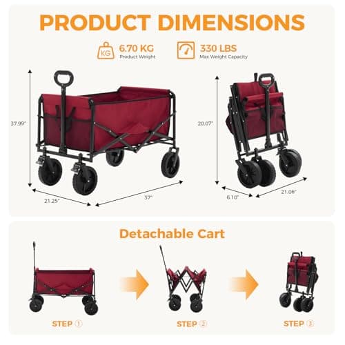 NEWBULIG Collapsible Wagon Cart, 102L Standard, Portable Heavy Duty Pull Cart with Lockable Wheels, 330 lbs Capacity, Adjustable Handle for Beach, Sports, Camping, Shopping & Garde thumbnail 2
