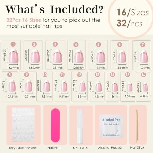 HELIVIVE French Tip Press On Nails, Short Almond 32Pcs 16 Sizes Fake Nails | Reusable Stick-On Nails with Glue, 3 Weeks Wear,Salon-Quality Natural Fake Nails,Curved Fit,Nude Pink & White with Gold Lin