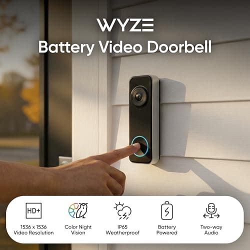 Wyze Battery Video Doorbell Wireless Camera, 1536x1536 HD+ with Color Night Vision, 2-Way Audio, 1:1 Head-to-Toe View, Person/Vehicle/Package Monitor, Wire-Free/Wired Option, 1 Min thumbnail 2