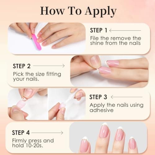 HELIVIVE French Tip Press On Nails, Short Almond 32Pcs 16 Sizes Fake Nails | Reusable Stick-On Nails with Glue, 3 Weeks Wear,Salon-Quality Natural Fake Nails,Curved Fit,Nude Pink & White with Gold Lin