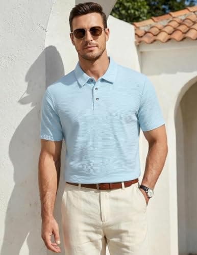 Damipow Mens Knit Polo Shirts Short Sleeve Golf Dress Collar Shirt,Light Blue,L thumbnail 3