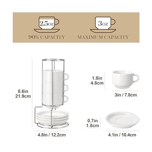 Miniatura de MALACASA Set de 4 Tazas de Espresso 2.5 oz Blancas con Platillos y Soporte Metálico, Apilables 2