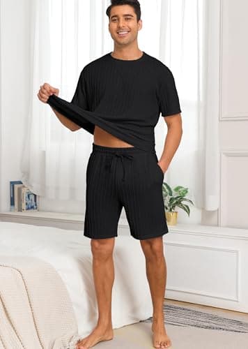 PrinStory Mens Pajamas Set Summer Pjs Sets Lightweight Short Sleeve Pajama Shorts Set Soft Sleepwear Loungewear with Pockets Black-M thumbnail 2