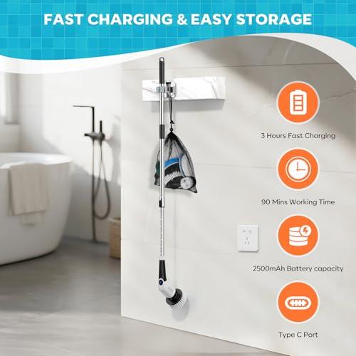 YKYI Electric Spin Scrubber,Cordless Cleaning Brush,Shower Cleaning Brush with 8 Replaceable Brush Heads,Power Scrubber 3 Adjustable Speeds,Adjustable & Detachable Long Handle,Voic