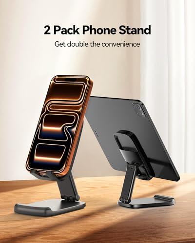 2 Pack Cell Phone Stand for Desk, iPad Stand [Height Adjustable & Upgraded Stable Base] Foldable & Non-Slip Silicone Pad Phone Holder, iPhone Stand for All Smartphones, iPad | Offi