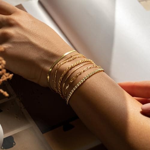 M MOOHAM Pulseras de Oro 14K para Mujer - Set Apilable de 7 Estilos