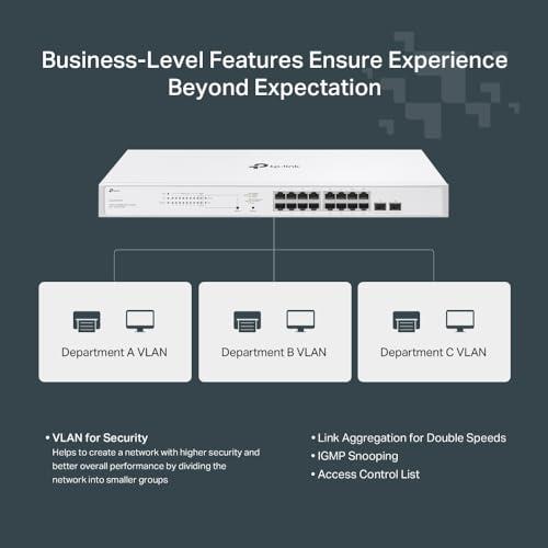 TP-Link Festa FS318G 18 Port Gigabit Smart Managed Network Switch - 16 RJ45 Ports & 2 SFP Slots, Free Cloud Access, Static Routing, Vlan, IGMP Snooping, Rack-mountable, fanless, Do