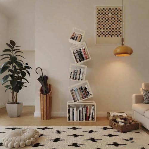 TDDFLO Geometric Bookshelf, 5-Tier Metal Unique Bookcase Modern Bookcase, Corner Bookshelf for CDs/Books/Home Decor -White