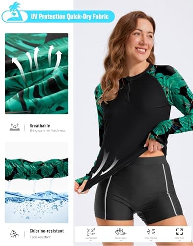 Viodia Womens Swim Shirt UPF50+ Rash Guard Long Sleeve Swimsuit Top Sun Protection Shirts Bathing Suit with Zipper Black Leaf XS thumbnail 6