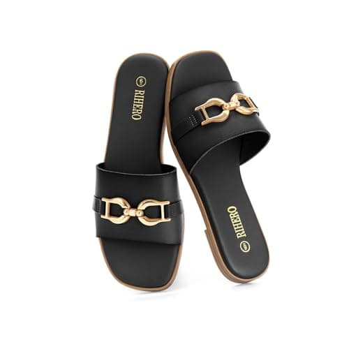 Rihero Women's Slide Sandals Open Toe Buckle Flat Black Sandals Size 7 thumbnail 6