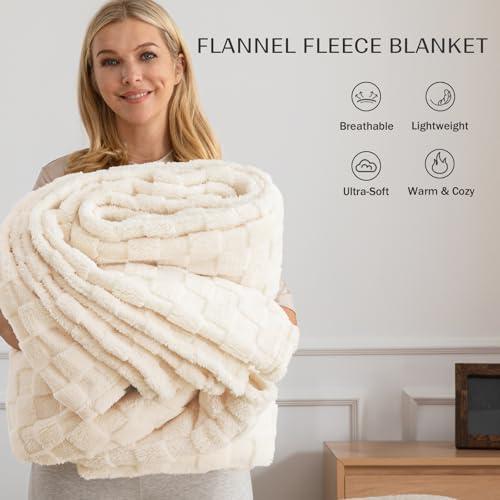 Exclusivo Mezcla Fleece Throw Blanket for Couch,Super Soft and Warm Lightweight Checkered Pattern Blankets for All Seasons, 50x60 Inches, Ivory thumbnail 3