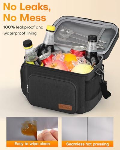 HOTOR Lunch Box for Men and Women - Leak-Proof Insulated Lunch Cooler Bag with Adjustable Strap, Multiple Pockets for Office, Picnic, Hiking, Beach, 1 Layer, 8L, Black, 9.8" x 8.7"