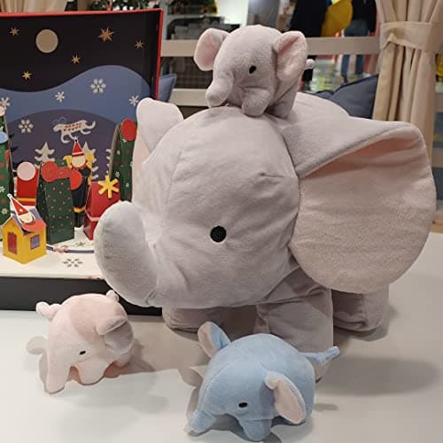WEIGEDU Elephant Plush Toy Set – 4-Piece Stuffed Animal Family with Zipper Storage | Soft Elephant Dolls for Toddlers & Kids | Grey, Blue, Pink Nursery Decor