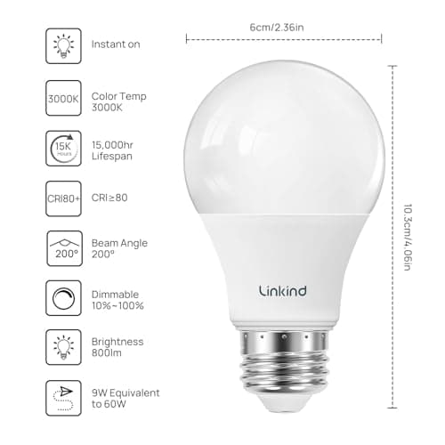 Miniatura de Linkind A19 LED Light Bulbs Dimmable, 60W Equivalent, Energy Efficient 9W, 3000K Warm White, 800 Lumens, E26 Standard Base, 120V, Lighting for Bedroom Living Room Home Office, 6 Pa 2