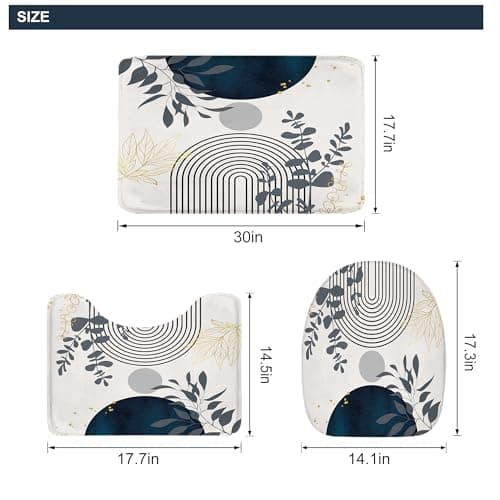 Set de 4 Piezas para Baño Riyidecor: Cortina, Tapa de Inodoro y Tapetes Antideslizantes Boho Azul Marino