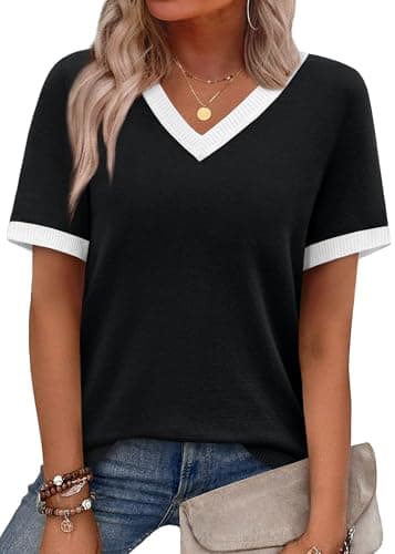 WIHOLL Womens Tops Short Sleeve Sweater Spring Summer Tops for Women 2026 Business Casual Outfits V Neck Work Teacher Clothing Ladies Blouses Beach Vacation Clothes Black M