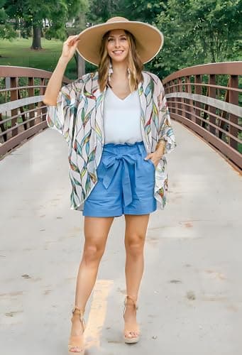 Womens Short Cardigans Casual Cover Up Open Front Kimono Tops Bathings Suit Shawl (White Colorful Leaves,M) thumbnail 2