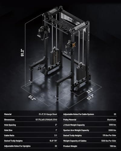 Mikolo Anubis-2.0 Smith Machine with Weight Stack, 3“×3” All-in-One Power Cage with LAT Pulldown & Cable Crossover, 3200LBS Multi-Function Trainer with Aluminum Pulley System for F thumbnail 8