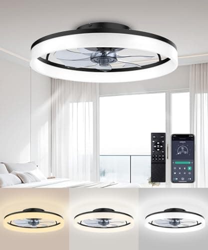 FancyMay Ceiling Fans with Lights and Remote, 20" Modern Low Profile Ceiling Fan, 6-Speed Quiet Reversible Motor, Flush Mount LED Fan Light,Fandelier Ceiling Fans for Bedroom (Blac