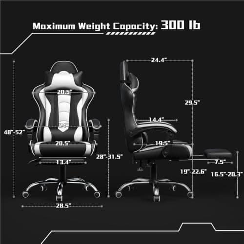 Yaheetech Gaming Chair with Footrest Massage Lumbar Pillow Black and White thumbnail 3