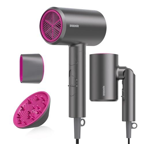 BABONIR Hair Dryer with Diffuser for Women, 1875W Fast Drying Ionic Blow Dryer for Home Use, Lightweight Foldable Hairdryer with Concentrator Nozzle, 3 Heat 2 Speed Settings, Gray
