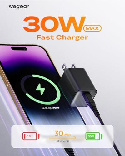 wegear 30W Compact Wall Charger, USB C Charger Block with GaN III Tech, PD3.0 PPS QC4.0 Fast Charging Foldable Power Adapter for iPhone 17 16 15, Galaxy, Pixel, iPad, AirPods(Black thumbnail 2