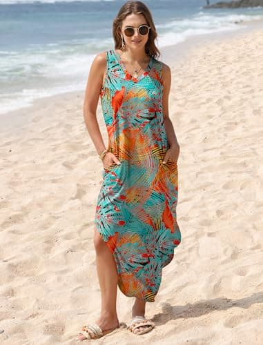 Sampeel Maxi Dresses for Women 2025 V Neck Long Beach Sundresses Tropical Floral Summer Materinity Dress for Women M thumbnail 3