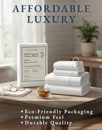 LANE LINEN Eco Friendly 100% Organic Cotton Queen Sheet Set, Soft & Comfy Fully Elasticized 15" Deep Pocket Bed Sheets, Low Pill Naturally Cooling Machine Wash Sábanas Queen- White