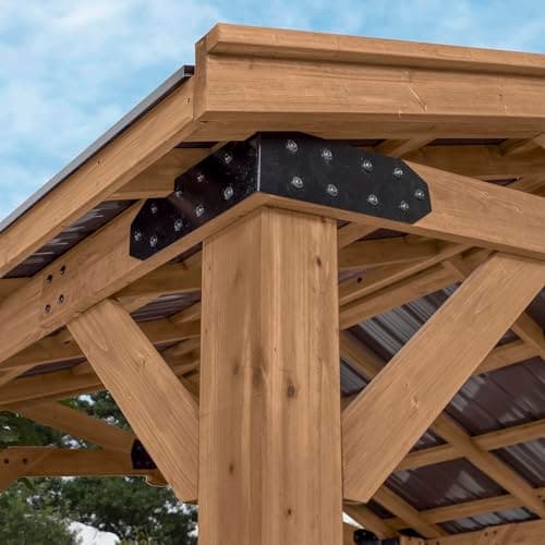 Backyard Discovery Norwood 10' x 10' Cedar Wood Outdoor Gazebo Pavilion with Hardtop Galvanized Steel Peak Roof, Snow Support, Wind Resistance, PowerPort, Shade for Garden, Patio, 