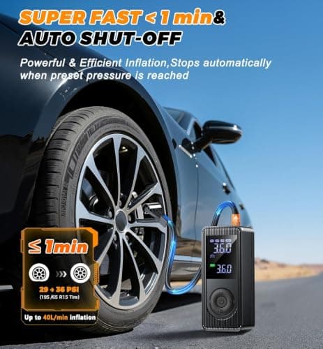 Tire Inflator Portable Air Compressor - 150 PSI 4X Fast Inflation Rechargeable Battery & 12V DC Adapter Powered Air Pump for Car Bike Motorcycle Tires Balls with LCD Display, LED L thumbnail 3