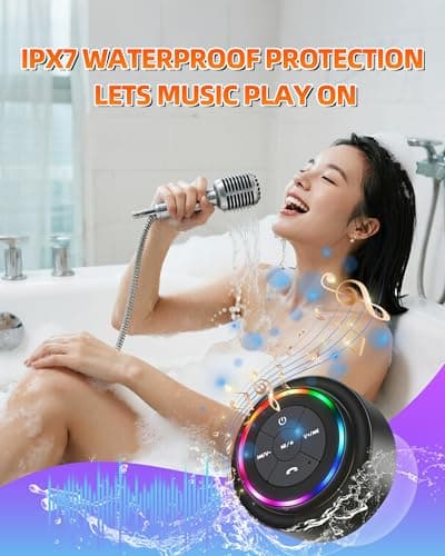 Waterproof Bluetooth Shower Speaker, Portable Wireless Speaker with Suction Cup, Small Portable Wireless Outdoor Speakers, 6 Mode RGB Lights, for Shower Bathroom Pool Beach, Gift I thumbnail 2