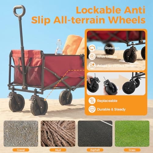 NEWBULIG Collapsible Wagon Cart, 102L Standard, Portable Heavy Duty Pull Cart with Lockable Wheels, 330 lbs Capacity, Adjustable Handle for Beach, Sports, Camping, Shopping & Garde thumbnail 5