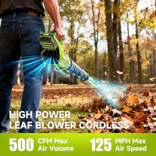PULITUO Leaf Blower Cordless, 500CFM/ 125MPH Lightweight Cordless Blower with 2X 4.0 Batteries and Fast Charger, Variable Speed Battery Leaf Blowers for Lawn Care, Leaves, Grass, P