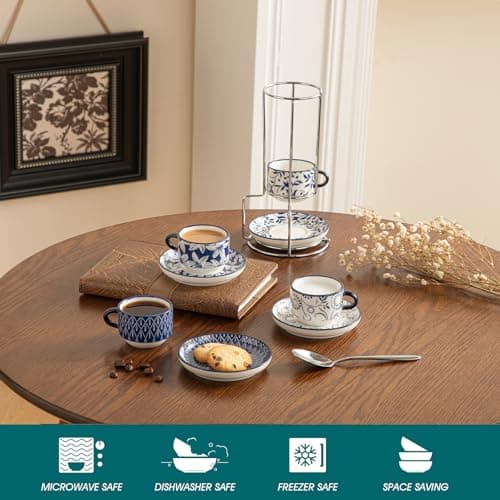 vancasso 2.5OZ Espresso Cups Set of 4, Porcelain Stackable Cappuccino Cups, Demitasse Coffee Cups and Saucers Set with Metal Stand for Specialty Drinks, Series SELENE (Vintage Blue thumbnail 4