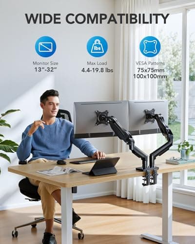 HUANUO FlowLift™ Dual Monitor Stand, Fully Adjustable Gaming Monitor Desk Mount for 13–32″ Computer Screens, Full Motion VESA 75x75/100x100 with C-Clamp & Grommet Base, Each Arm Ho thumbnail 2