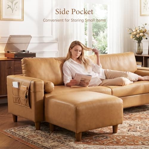 Vesgantti 100" L-Shaped Faux Leather Sectional Couch, Wide Seating, Camel