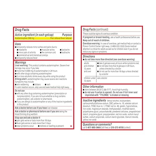 Tylenol Rapid Release Extra Strength Gelcaps, Acetaminophen 500 mg per Gel, Laser Drilled Holes Allow Fast, Strong Pain Relief, Fever Reducer, Gentle on Stomach, 100 Count Size thumbnail 9